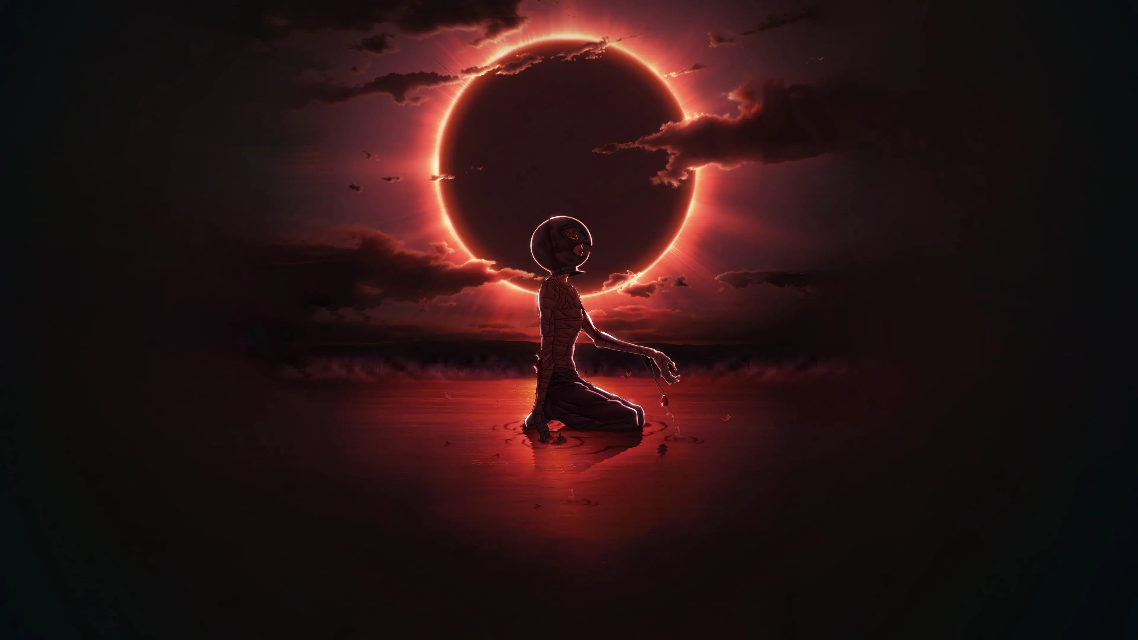 Guts agenouillé dans une eau immobile face à une éclipse cramoisie — l'événement fondateur de Berserk